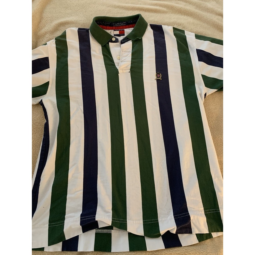 Vintage 90s Tommy Hilfiger Vertical Stripe Polo Shirt Size XL Navy Green White
